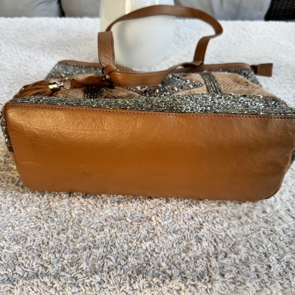 Mary Frances Rise and Shine Tan Embellished Tote Bag with Tassel - Picture 3 of 9